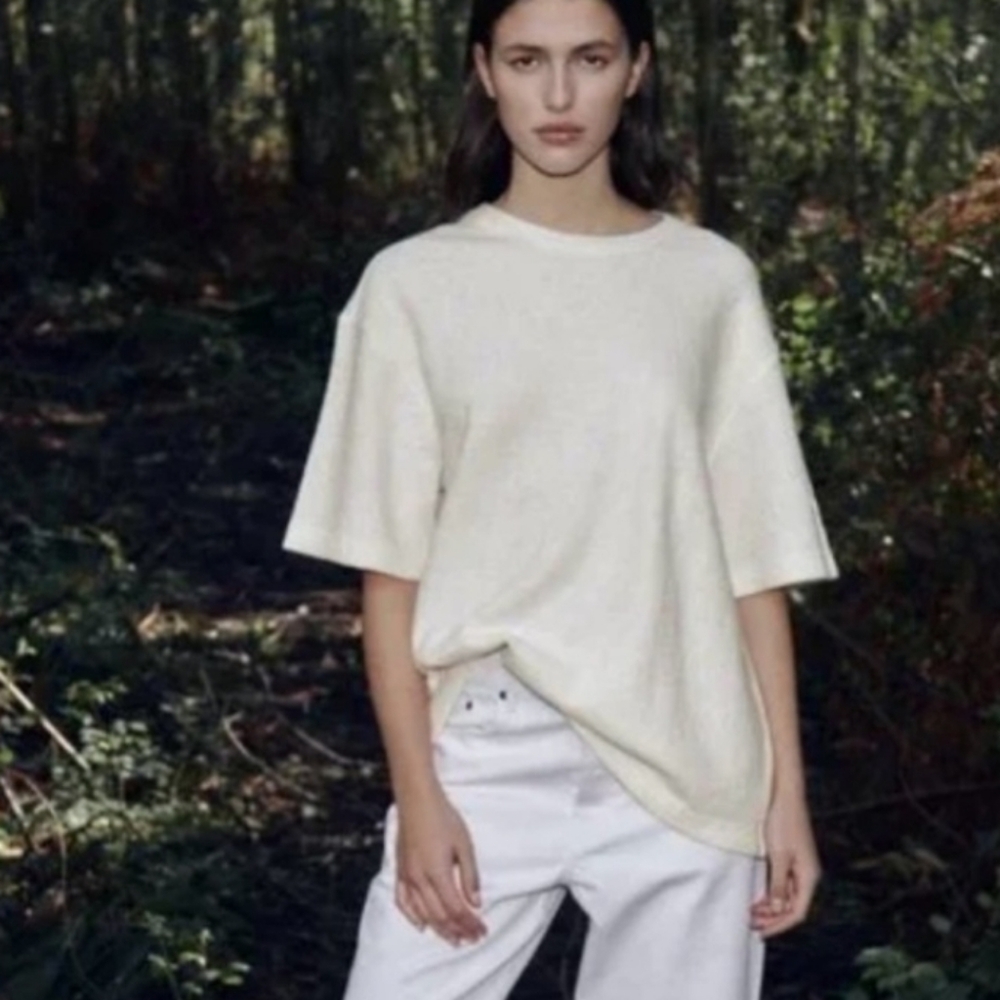Zara Cream Wool-Blend Textured Short Sleeve Tee
